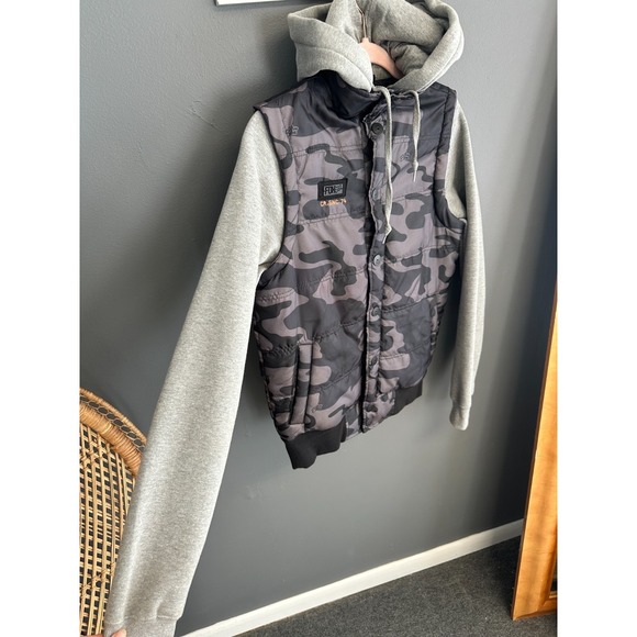 FOX Racing Camo Hoodie Jacket Sz S Mens Gray Logo Streetwear MX Moto Puffer - Picture 2 of 5